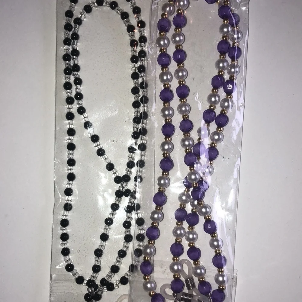 Lot of 2 Beaded Black & Clear Purple & Faux Pearl Boho Eye Glass Holders